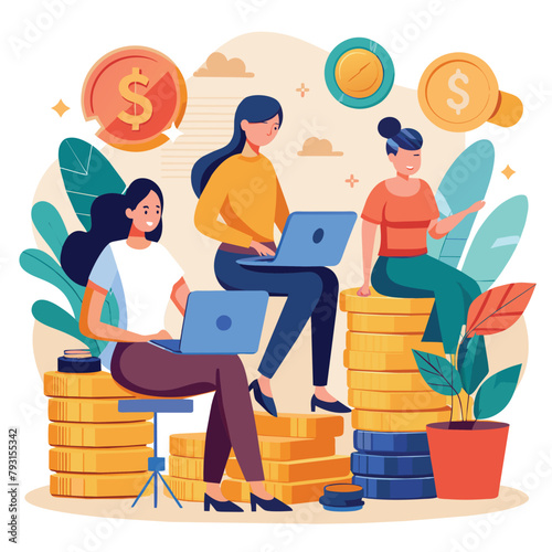 Three employees sitting on stacks of coins while working on a laptop in the office, Employees working in the office women sitting on coins, Simple and minimalist flat Vector Illustration