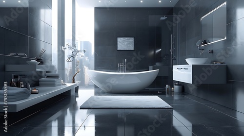 A contemporary bathroom with sleek fixtures, featuring a floating vanity, a frameless glass shower, and minimalist taps, all highlighted by soft, ambient lighting.