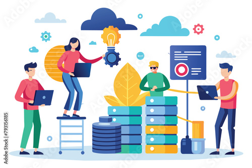 Several individuals gather around a stack of coins  possibly discussing finance or a money-related project  Engineers consolidate big data  Simple and minimalist flat Vector Illustration