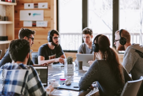 Group of young business people working and communicating together in modern office.