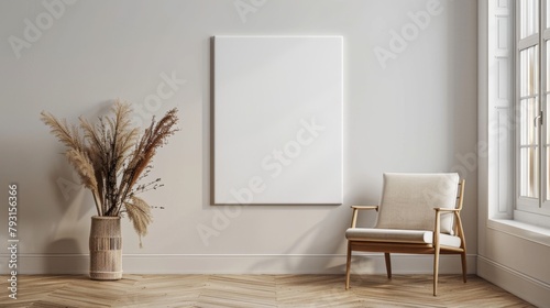 A white wall with a large blank canvas and a wooden chair in front of it. The room is empty and has a minimalist feel