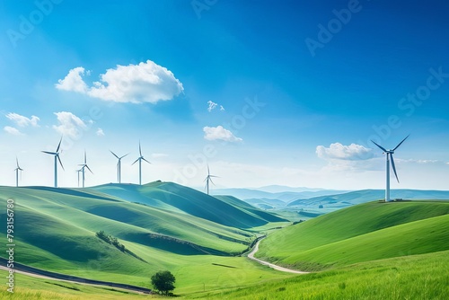 Whirl of Sustainability: A serene wind farm harmonizing with the landscape of green hills and a vivid blue sky. The concept of using alternative energy sources.