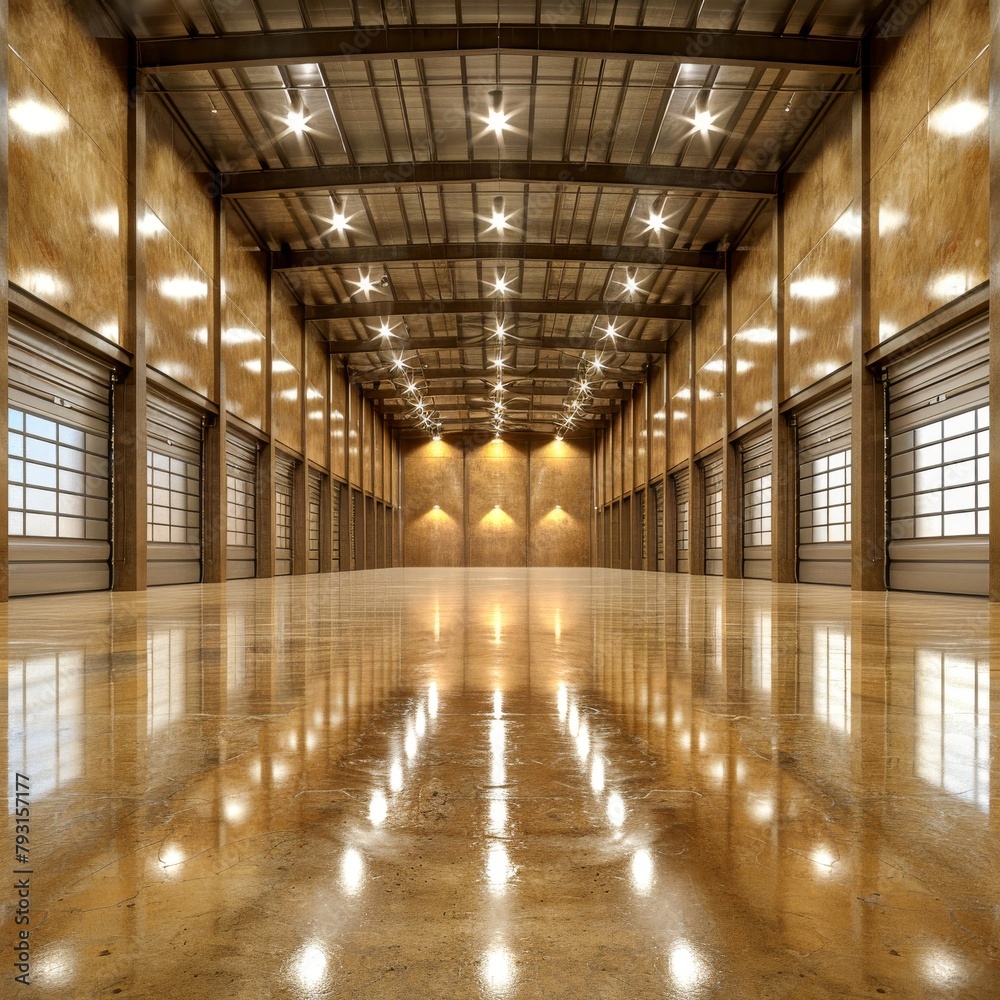 Large empty warehouse interior with shiny concrete floor and bright led lights on the ceiling