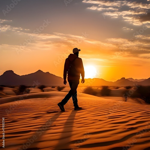silhouette of man walking in desert