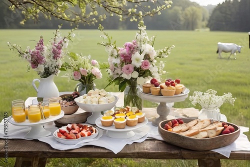 Bask in the blissful ambiance of a rustic outdoor brunch scene, adorned with fresh dairy delicacies and a colorful array of blooming flowers.