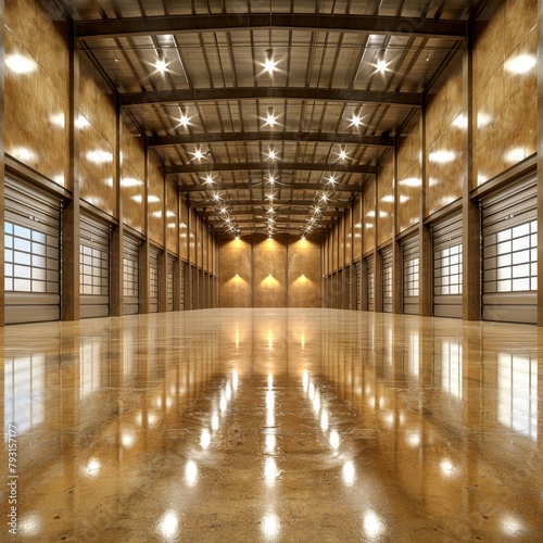 Large empty warehouse interior with shiny concrete floor and bright led lights on the ceiling