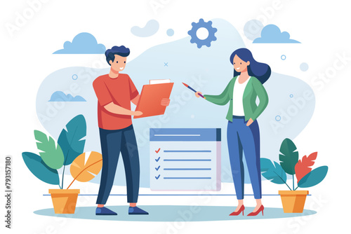 Man and Woman Standing in Front of Clipboard, Entrepreneurs enter into work contracts, Simple and minimalist flat Vector Illustration