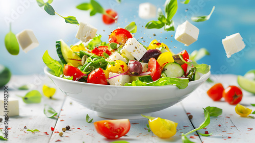 Greek salad in bowl with vegetables