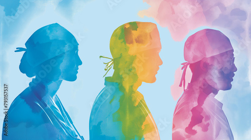 colorful medical team silhouettes in watercolor style, abstract illustration medical professionals, professional team, teamwork, medical artwork