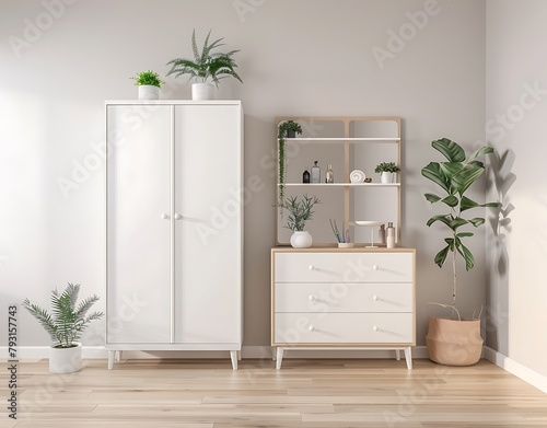 Modern interior of the room, wardrobe with white doors and dressers on the light wooden floor in a modern style