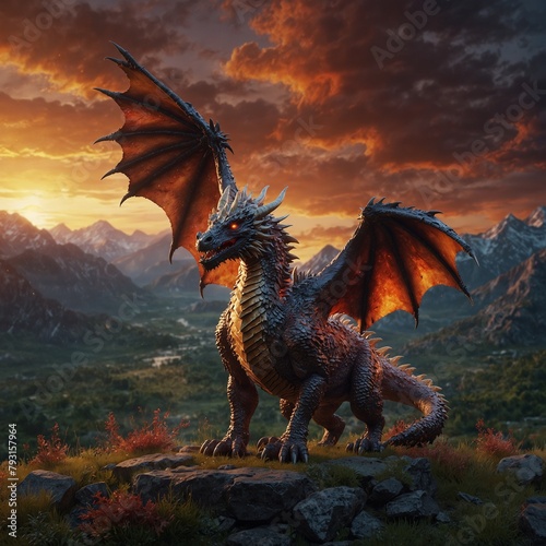 Epic battle scene between mythical creatures such as dragons, phoenixes, and unicorns in a dramatic mountainous setting. The image should capture motion and energy with a fiery sky at sunset.