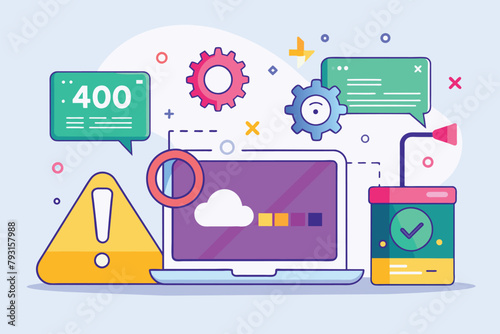 Laptop Secure With Lock Screen, Error 404, internet disconnection, platform page maintenance, Simple and minimalist flat Vector Illustration