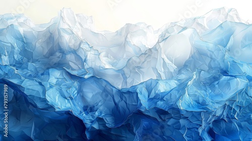  A blue-and-white abstract backdrop hosts a central mountain range, while a white canvas bears a blue-hued mountain range in its midsection