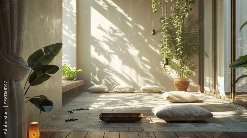 Fototapeta premium A serene meditation corner with minimalist floor cushions and soothing decor; fostering mindfulness and relaxation in a tranquil setting.