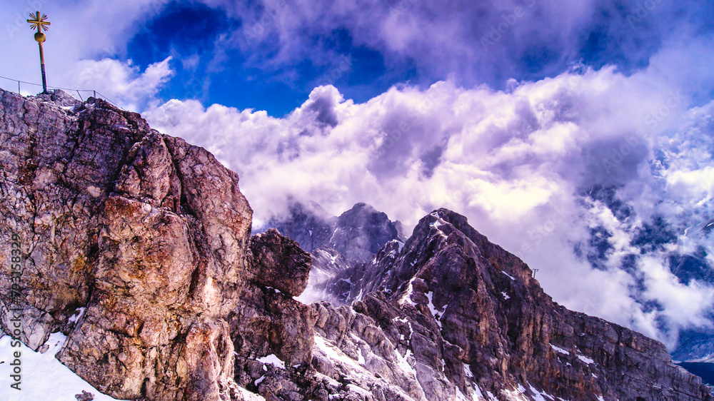 Clouds rise over the summit of The Zugspitze,2962 m above sea level,the highest peak in Germany, lying south of the town of Garmisch-Partenkirchen in Bavaria, Germany
