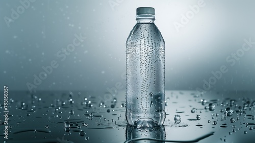 A plastic bottle of water is placed on a table with water drops around it, showcasing the refreshing liquid inside. The atmospheric phenomenon creates a beautiful display resembling a skyscraper