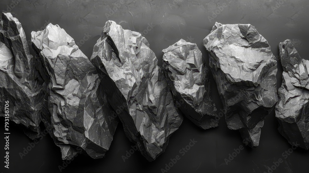   A single black-and-white image of rocks against a uniform black background, repeated four times