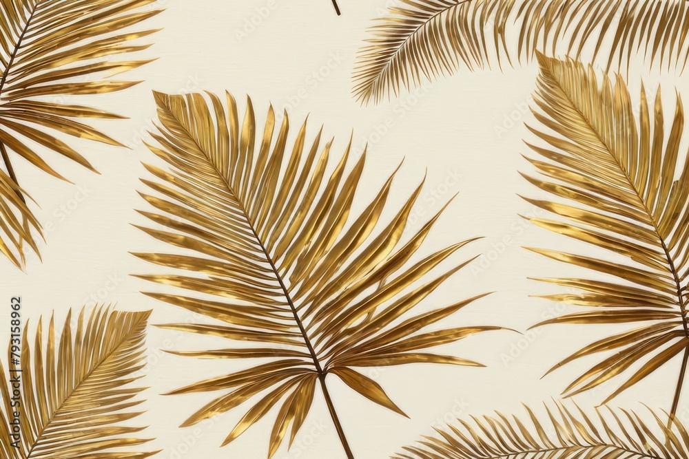 Obraz premium Luxurious Elegance: Golden palm leaves elegantly placed on a textured cream background, exuding sophistication.