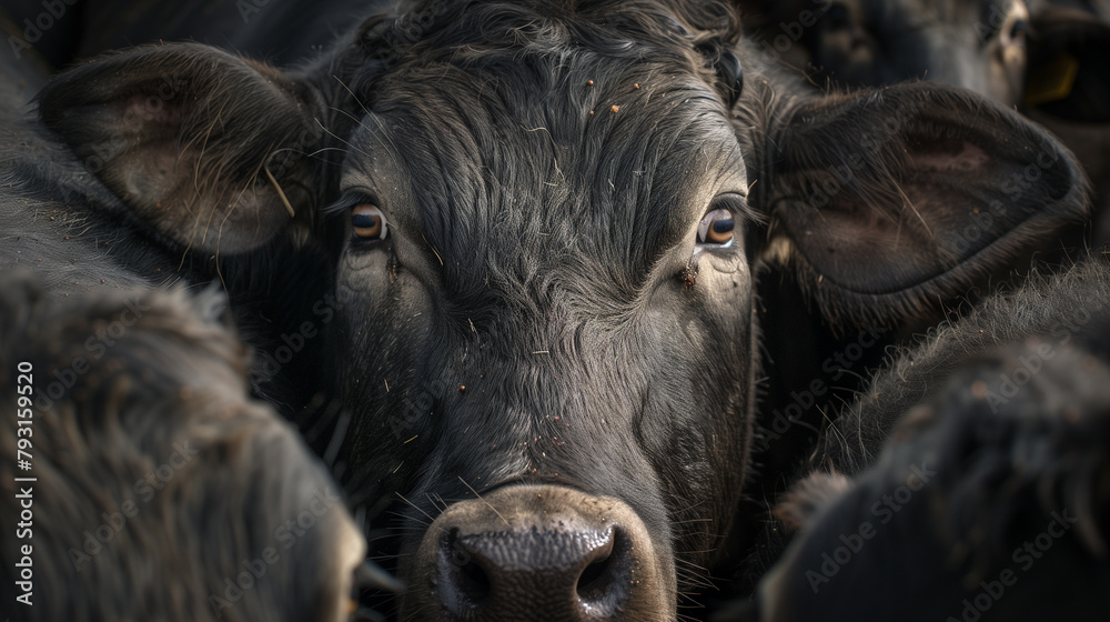 Close-Up of Sad Black-Furred Cattle Among Herd
Close-Up of Sad Black-Furred Cattle Among Herd