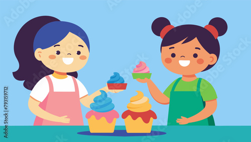 Two girls excitedly frosting cupcakes with different colored icing determined to make theirs the most visually appealing.