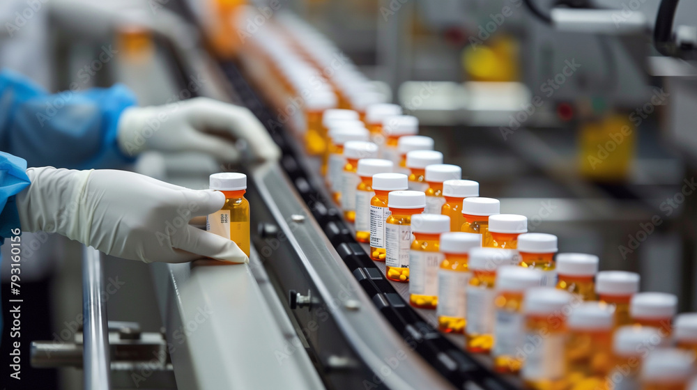 Obraz premium In a state-of-the-art pharmaceutical facility, the worker inspects a line of labeled medication bottles passing by on the conveyor belt, their hands adjusting each package with met