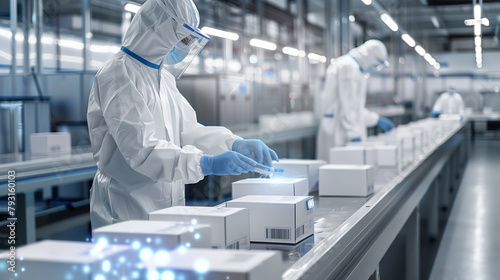 The man in medical gloves and a protective suit carefully inspects a row of gleaming white boxes on a conveyor belt, each one labeled with intricate medical symbols and barcodes.