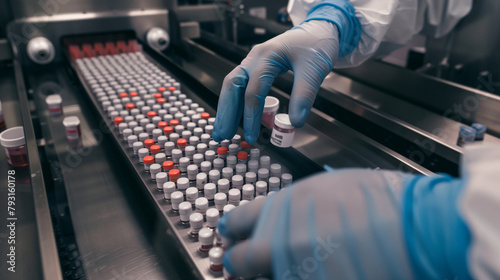 The worker carefully places freshly filled vials of medicine onto the conveyor belt, their gloved hands moving with precision amidst the gleaming pharmaceutical equipment.