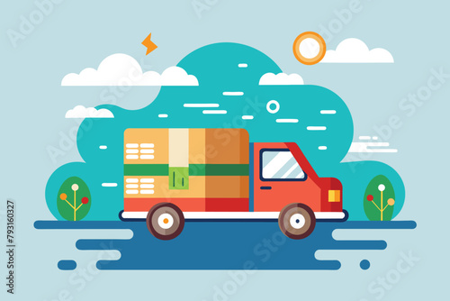 A truck loaded with boxes drives down the road, transporting goods for express delivery, Express delivery of goods, Simple and minimalist flat Vector Illustration