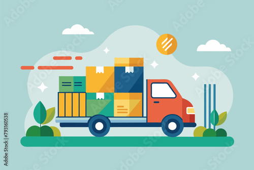 A flatbed truck carrying boxes stacked on the back for delivery of goods in a simple and minimalist fashion, Express delivery of goods, Simple and minimalist flat Vector Illustration