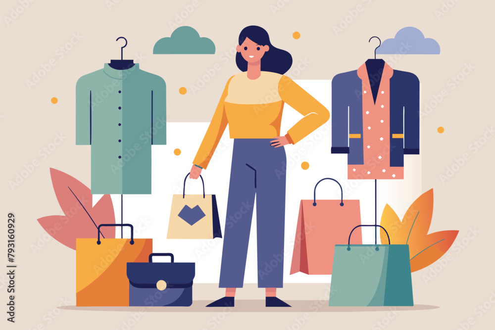 A woman stands in front of a display of clothing items in a retail store, Fashion sales promotion, Simple and minimalist flat Vector Illustration