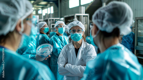 Surrounded by workers in face masks and hairnets, she conducts a walkthrough of the packaging area, emphasizing the importance of aseptic techniques. photo