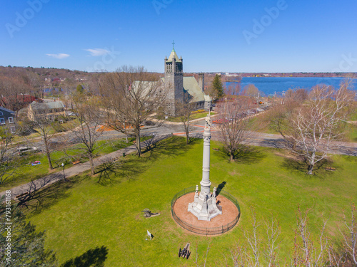 Soldier and Sailors Memorial Monument aerial view on Town Common in historic town center of Wakefield, Middlesex County, Massachusetts MA, USA.  photo