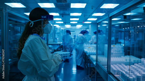 The woman looks on as workers in full PPE meticulously package sterile medical supplies under the sterile lights of the production floor.