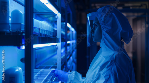 The woman observes workers in specialized suits handling delicate medical components under the glow of UV lights, ensuring stringent contamination control. photo