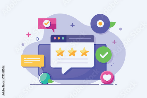 Simple and minimalist flat vector of a speech bubble containing five stars, Feedback review, Simple and minimalist flat Vector Illustration