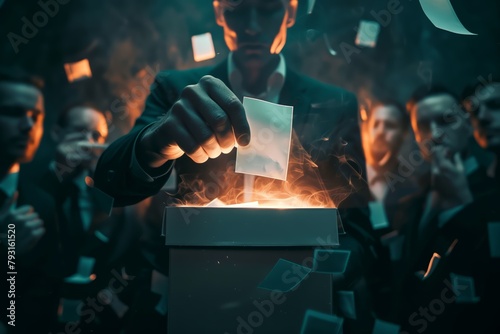 A man in a suit casts vote into ballot box at event photo
