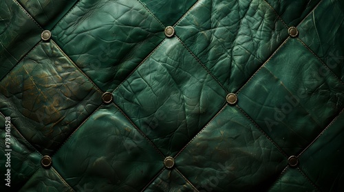   A tight shot of a green leather surface, adorned with rivets lining its edge photo