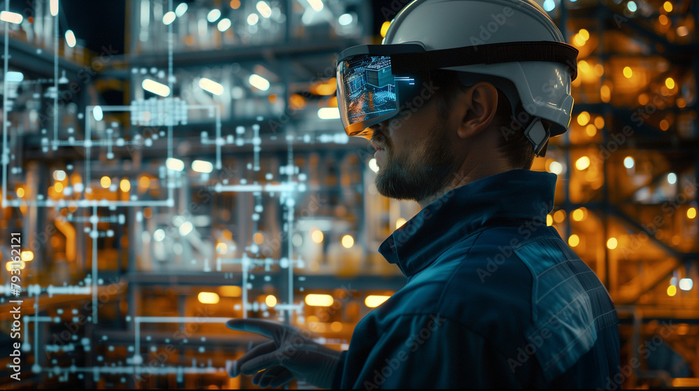 An engineer using augmented reality goggles to visualize and troubleshoot a complex process within the refinery, surrounded by digital overlays of data. An engineer using augmented reality goggles to visualize and troubleshoot a complex process within the refinery, surrounded by digital overlays of data.