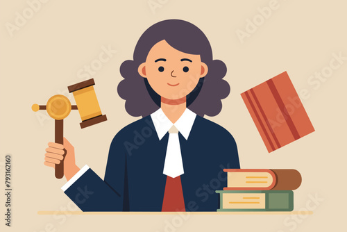 A woman holds a hammer in one hand and a judges gavel in the other, Female judge with lawyer's gavel and law books, Simple and minimalist flat Vector Illustration