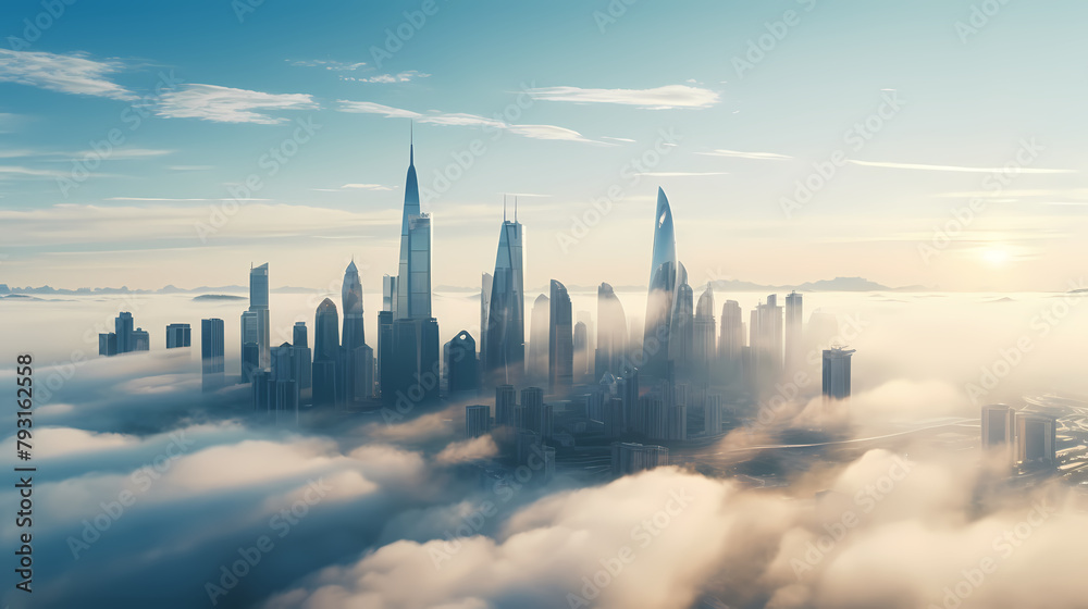 City skyline shrouded in fog