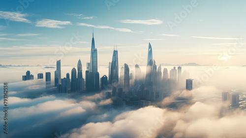 City skyline shrouded in fog