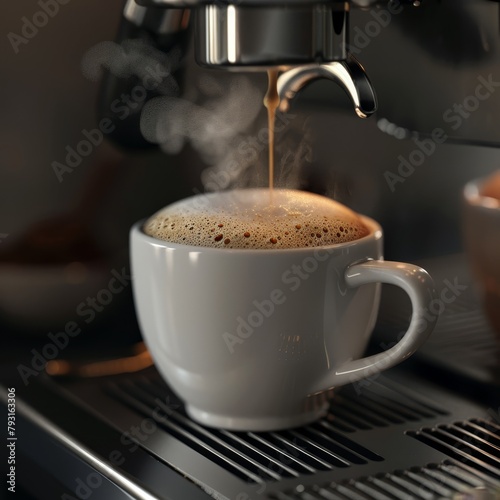   A cup is being poured into the coffee machine  emitting steam from its top