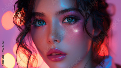 Illustration of a portrait of an unusually beautiful expressive girl in blurred neon colors on a stylized background © Zoran