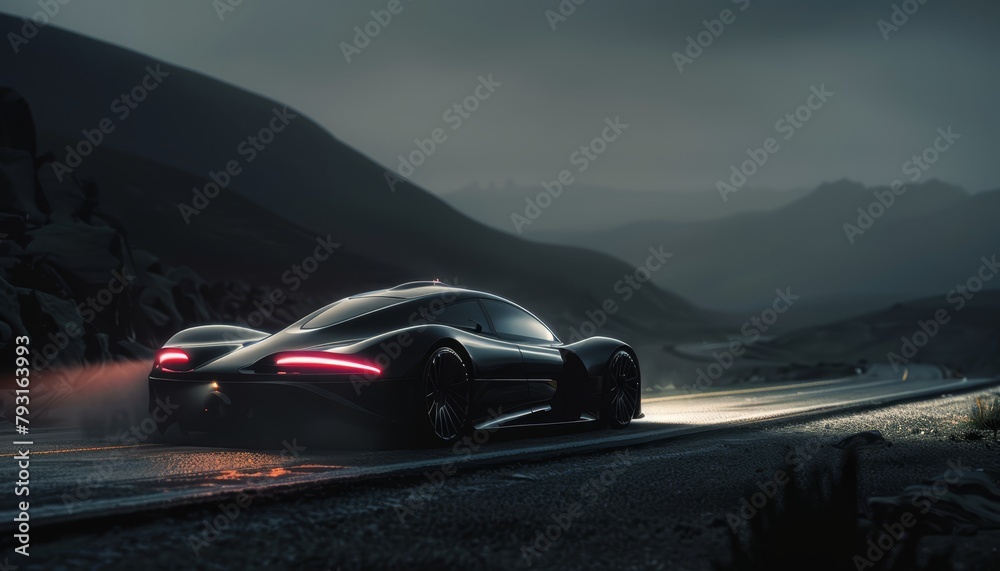   A black sports car navigates a winding road amidst a foggy night backdrop, mountains vaguely visible through the densely swirling mist