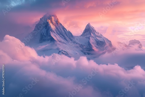  A mountaintop in clouds, pink-blue sky in foreground