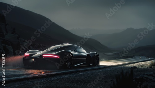   A black sports car navigates a winding road amidst a foggy night backdrop, mountains vaguely visible through the densely swirling mist © Jevjenijs