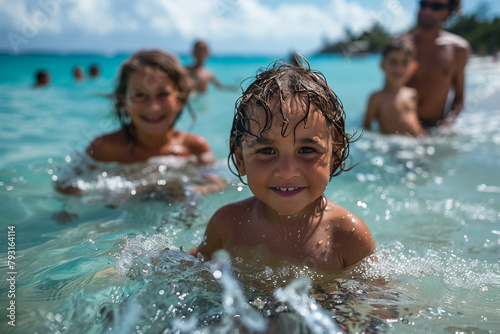 Joyful Children Splashing in Tropical Beach Waters