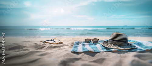 Banner for summer with copy space. A beach towel with a straw hat, flip flops and sunglasses on the sand with the sea in the background. Vacation and relax concept.