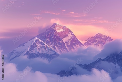  Top of mountain with clouded foreground, pink-hued background sky © Jevjenijs
