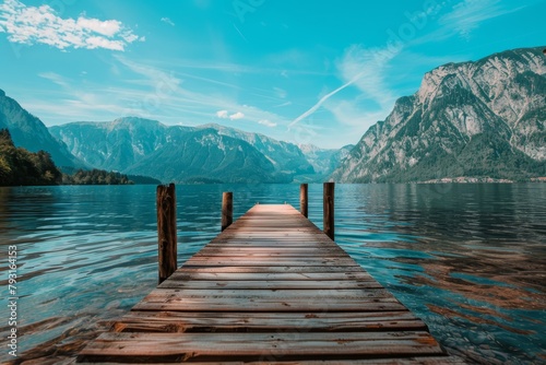   A middlelished wooden dock on a body of water, framed by mountains in the distance and a blue sky adorned with wispy clouds photo